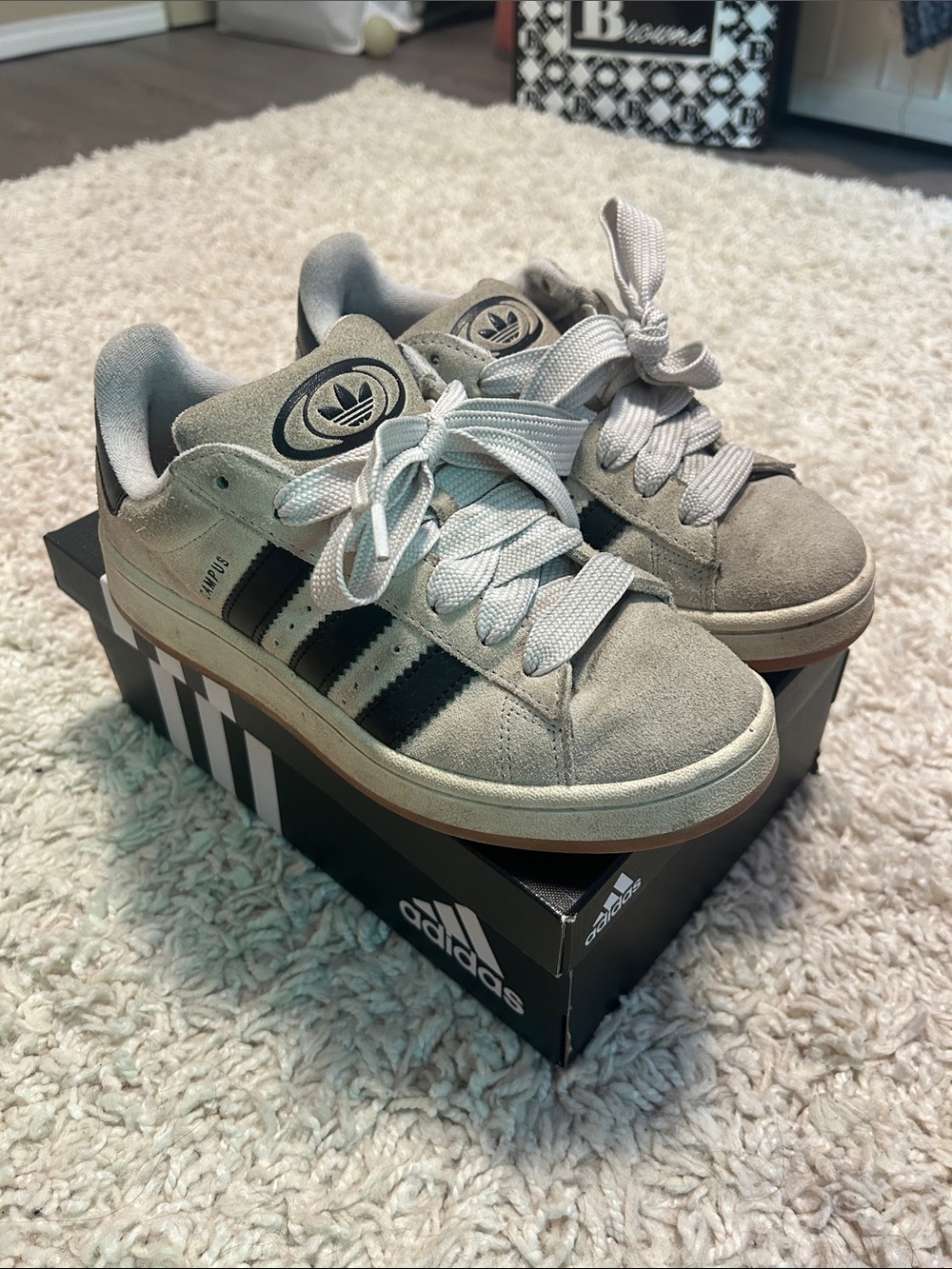 Adidas Campus Suede Sneakers in Gray with Black Stripes and Gum Sole